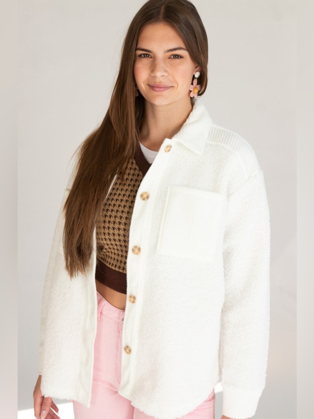 No Comment Contrast Sherpa Shacket Button Up Fleece Jacket Cozy Oversized Size L